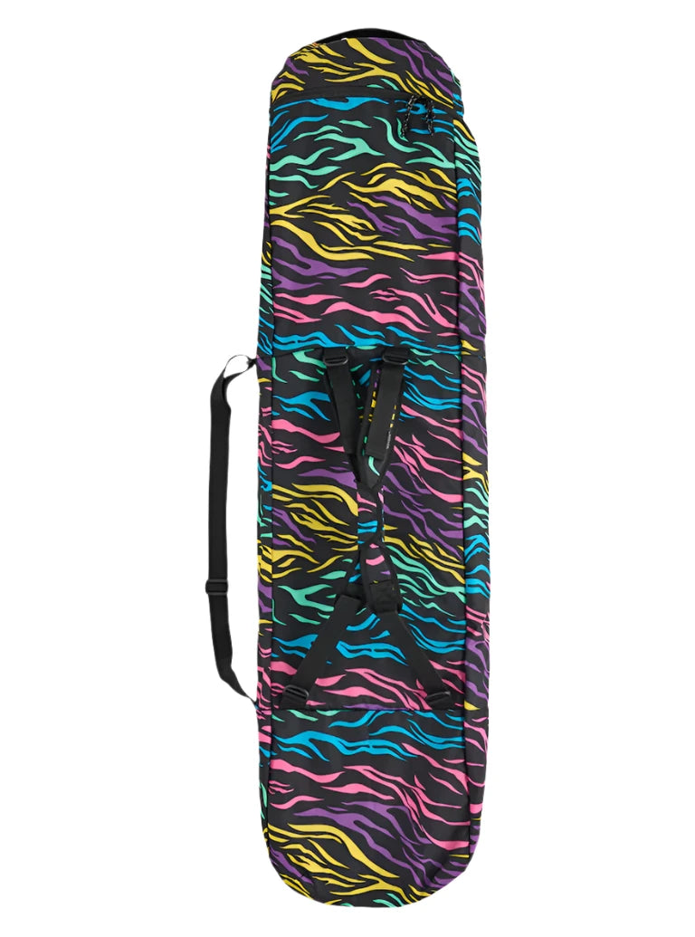 Burton Commuter Space Sack Snowboard Bag - A black snowboard bag with a colorful zebra-like pattern of pink, blue, purple and yellow stripes.