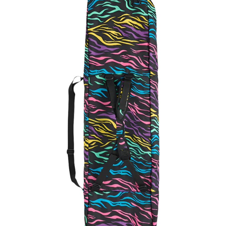 Burton Commuter Space Sack Snowboard Bag - A black snowboard bag with a colorful zebra-like pattern of pink, blue, purple and yellow stripes.
