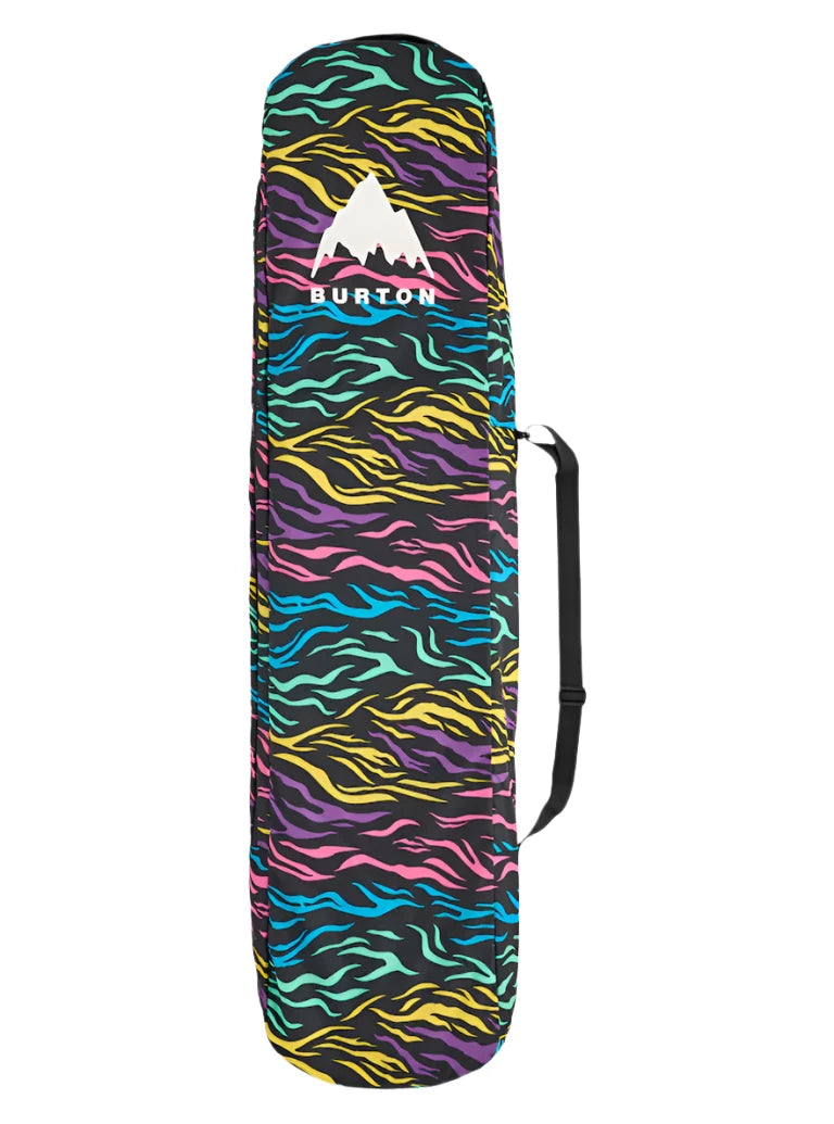 Burton Commuter Space Sack Snowboard Bag - A black snowboard bag with a wavy, multicolored pattern of pink, purple, blue, and yellow stripes.