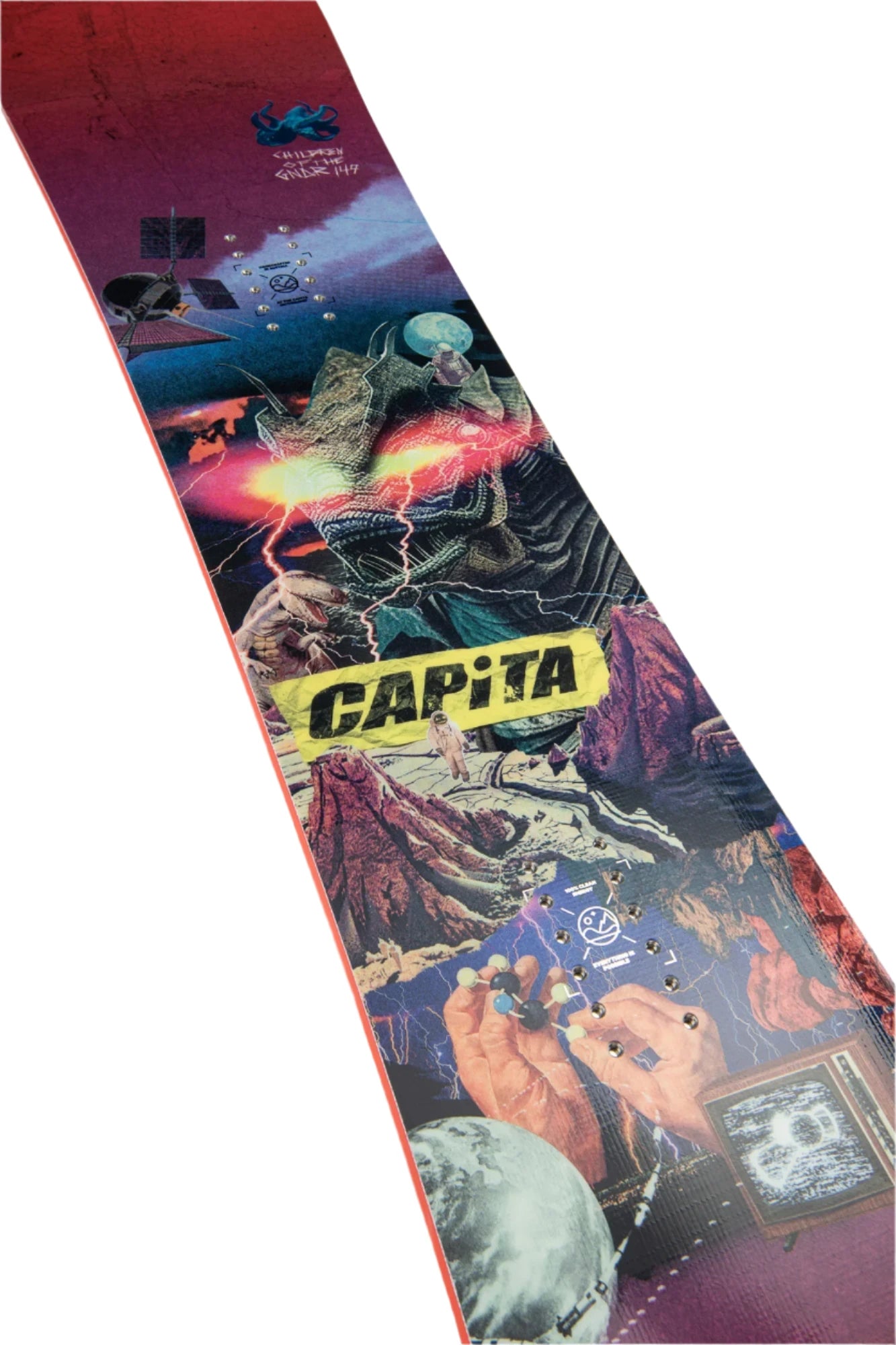 CAPiTA - Junior's Children Of The Gnar Snowboard 2025 is shown from a top-down perspective, featuring a predominantly black background with neon green accents and graphics of a skeleton riding a snowboard.