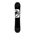 Never Summer Cougar Snowboard 2025 - A black snowboard with a white logo featuring an illustration of a cougar's head in profile, facing left.