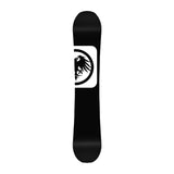 Never Summer Cougar Snowboard 2025 - A black snowboard with a white logo featuring an illustration of a cougar's head in profile, facing left.