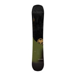 Never Summer Cougar Snowboard 2025 - A black snowboard with a gold logo featuring an eagle's head in profile, facing left.