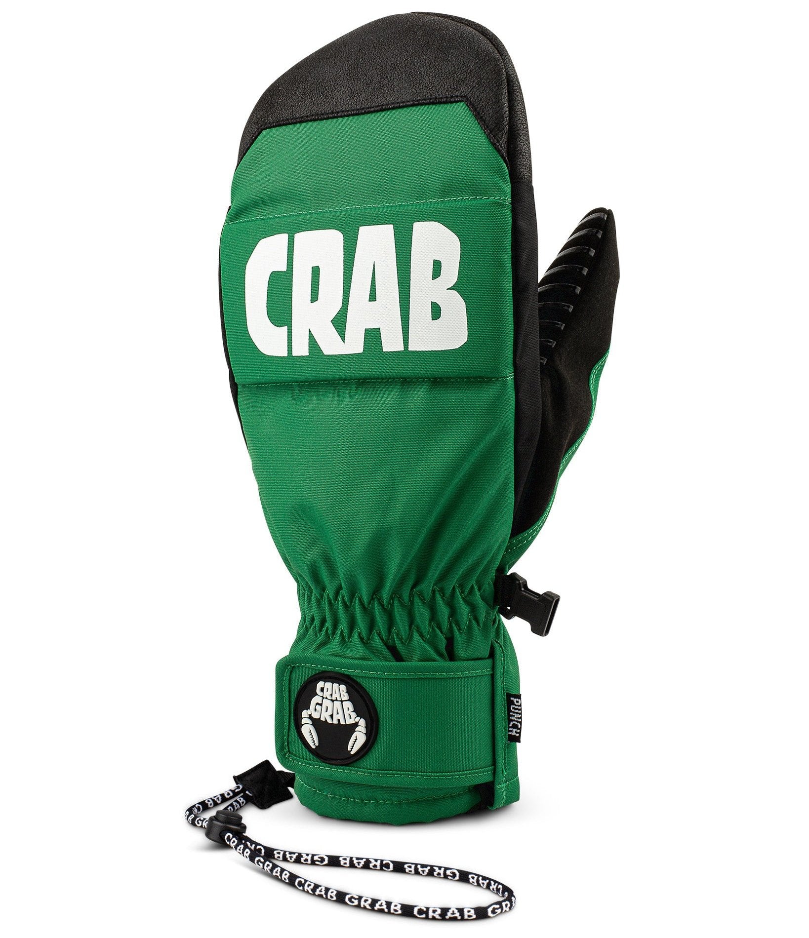 Crab Grab Punch Mitt 2025 - A green mitt with a black strap and white lettering that reads "CRAB GRAB" on the back.