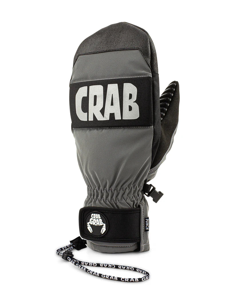 Crab Grab Punch Mitt 2025 - A pair of gray mitts with a black strap and white lettering that reads "CRAB GRAB" on the back.