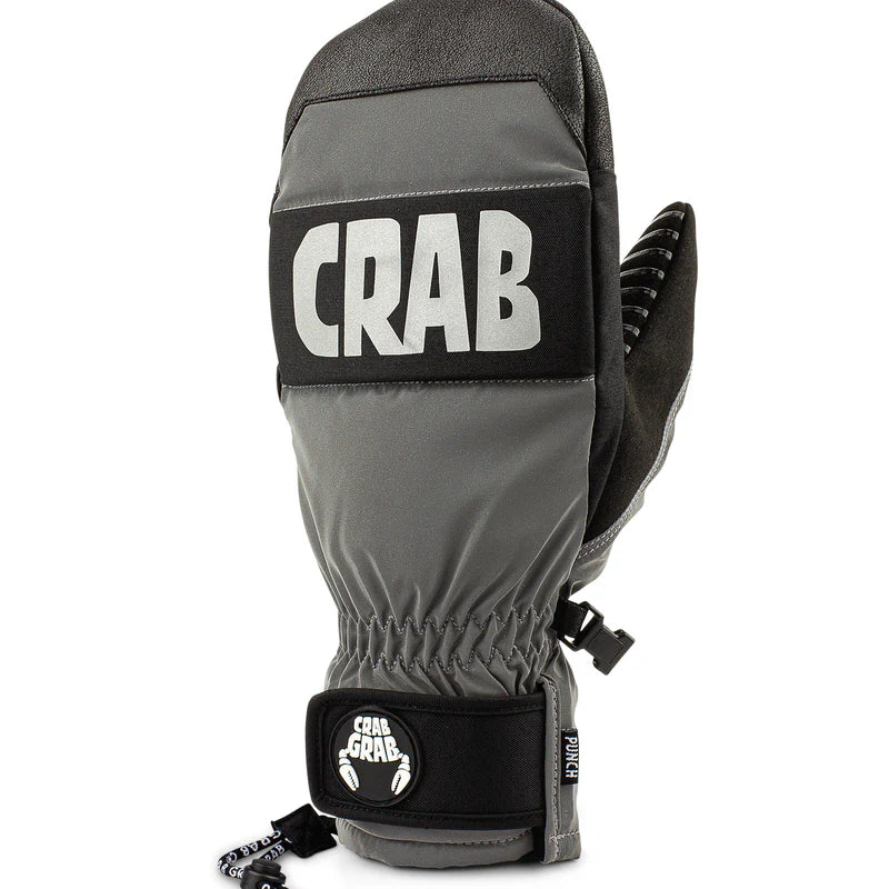 Crab Grab Punch Mitt 2025 - A pair of gray mitts with a black strap and white lettering that reads "CRAB GRAB" on the back.