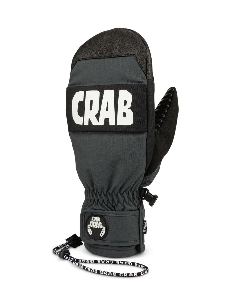 Crab Grab Punch Mitt 2025 - Black mitt with white lettering on cuff, featuring a textured palm and thumb.