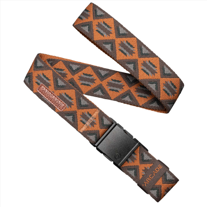 A brown belt with a geometric pattern of gray and black triangles, featuring a black buckle. The belt has a leather patch with the brand name "ARCADE."