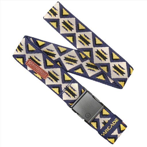 A navy blue belt with a geometric pattern of yellow and white triangles and black claw marks, featuring a black buckle. The belt has a leather patch with the brand name "ARCADE."