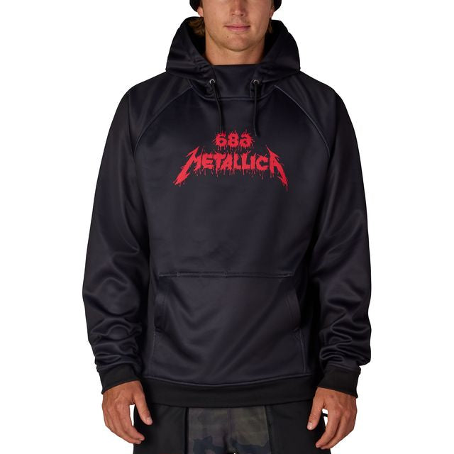 Black hooded bonded fleece sweatshirt with red Metallica chest graphic and kangaroo pocket
