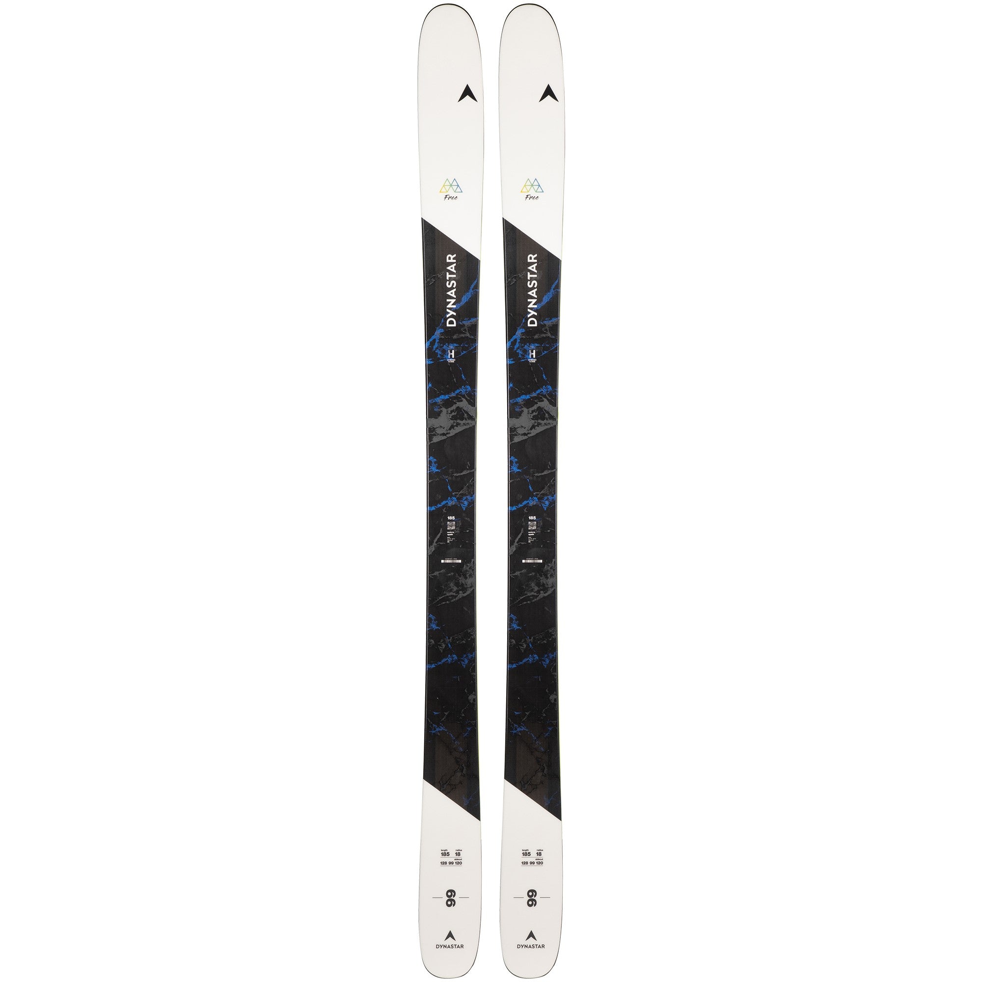 Dynastar M-Free 99 Skis 2025 - White skis with blue and black marbled pattern on top, black base.
