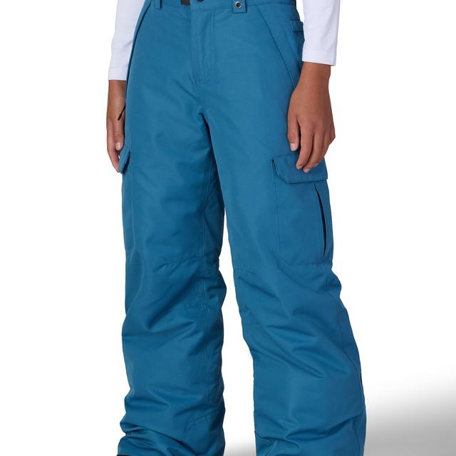 Boys insulated cargo snow pants in blue with side cargo pockets and belt loops