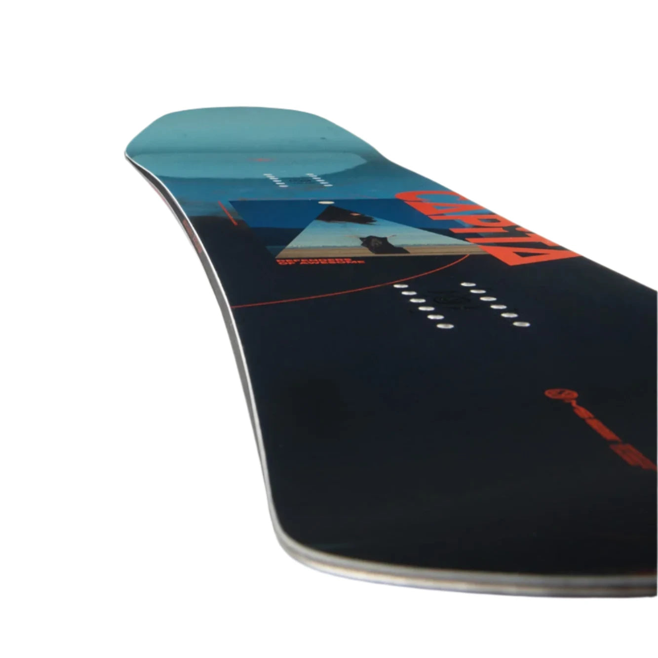 CAPiTA Defenders Of Awesome Snowboard 2025 - A black snowboard with a blue and red graphic of a mountain range, featuring a geometric triangle shape in the center.
