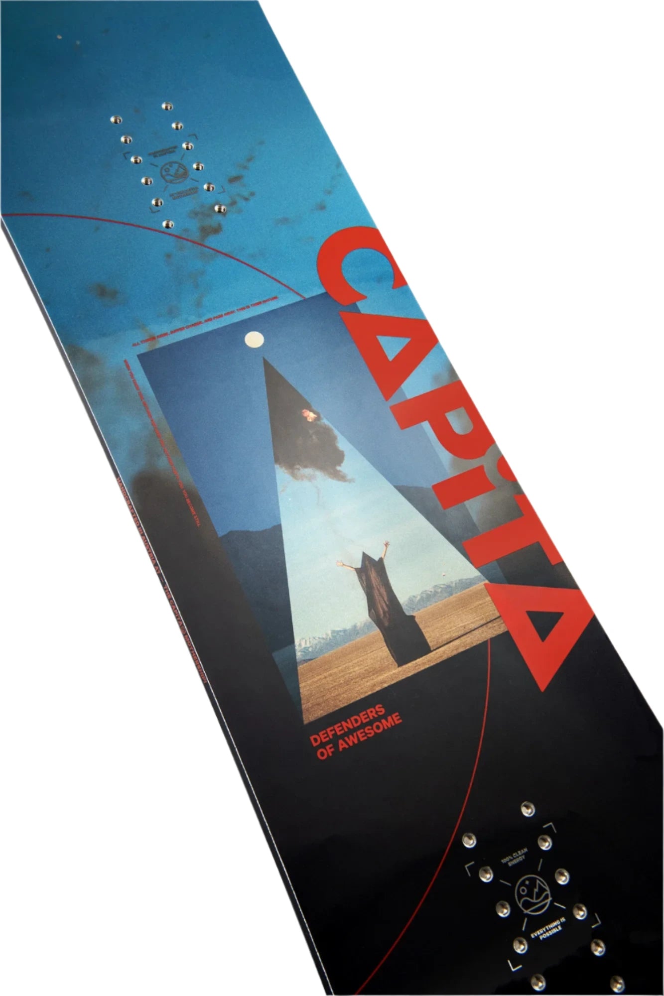 CAPiTA Defenders Of Awesome Snowboard 2025 - A blue snowboard with a triangular graphic featuring a person in a black robe standing on top of a mountain, wearing a pointed hat and holding a staff.