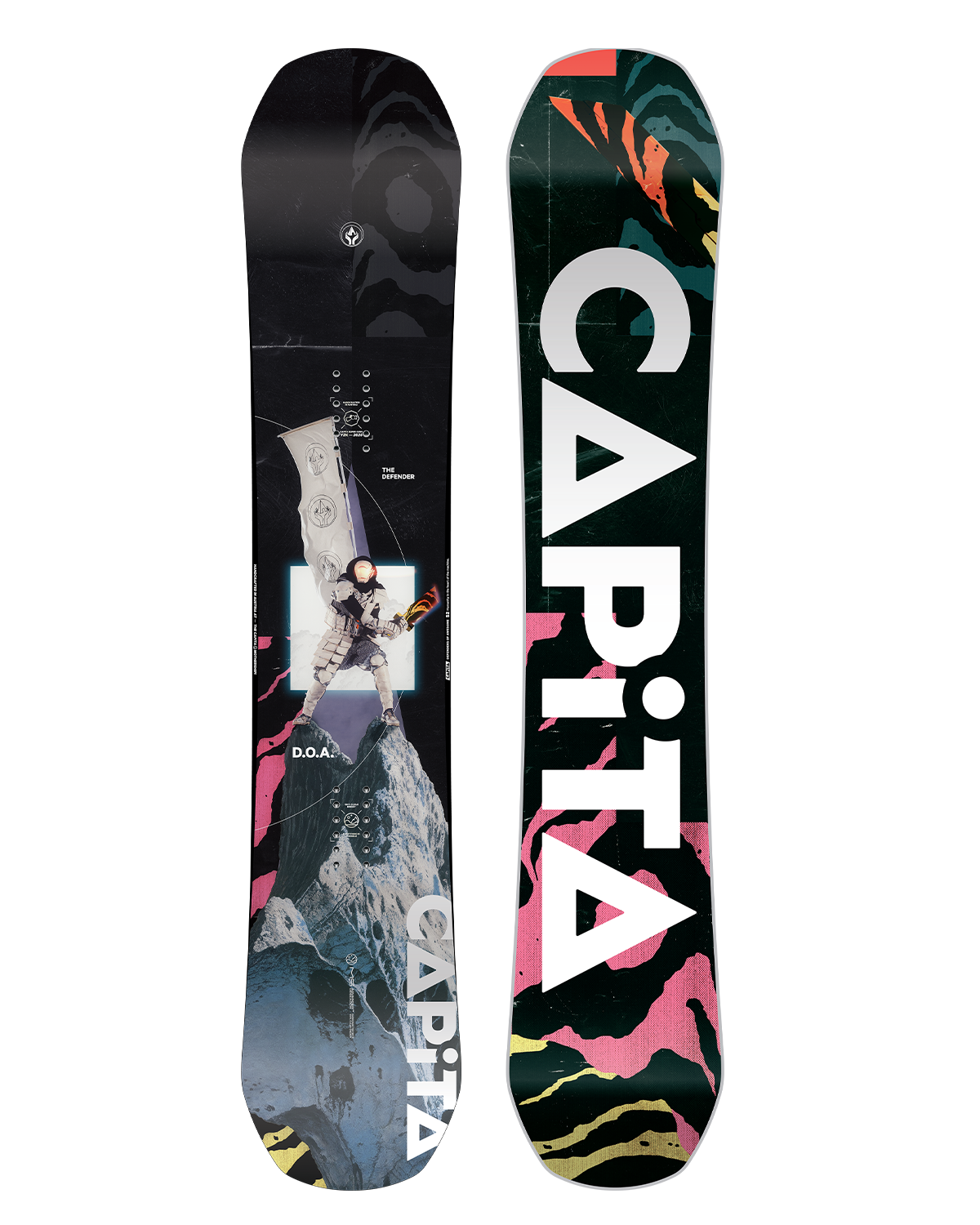 CAPiTA DOA Snowboard 2026 - A black snowboard with a white and gray abstract design featuring a man in a spacesuit standing on top of a mountain.