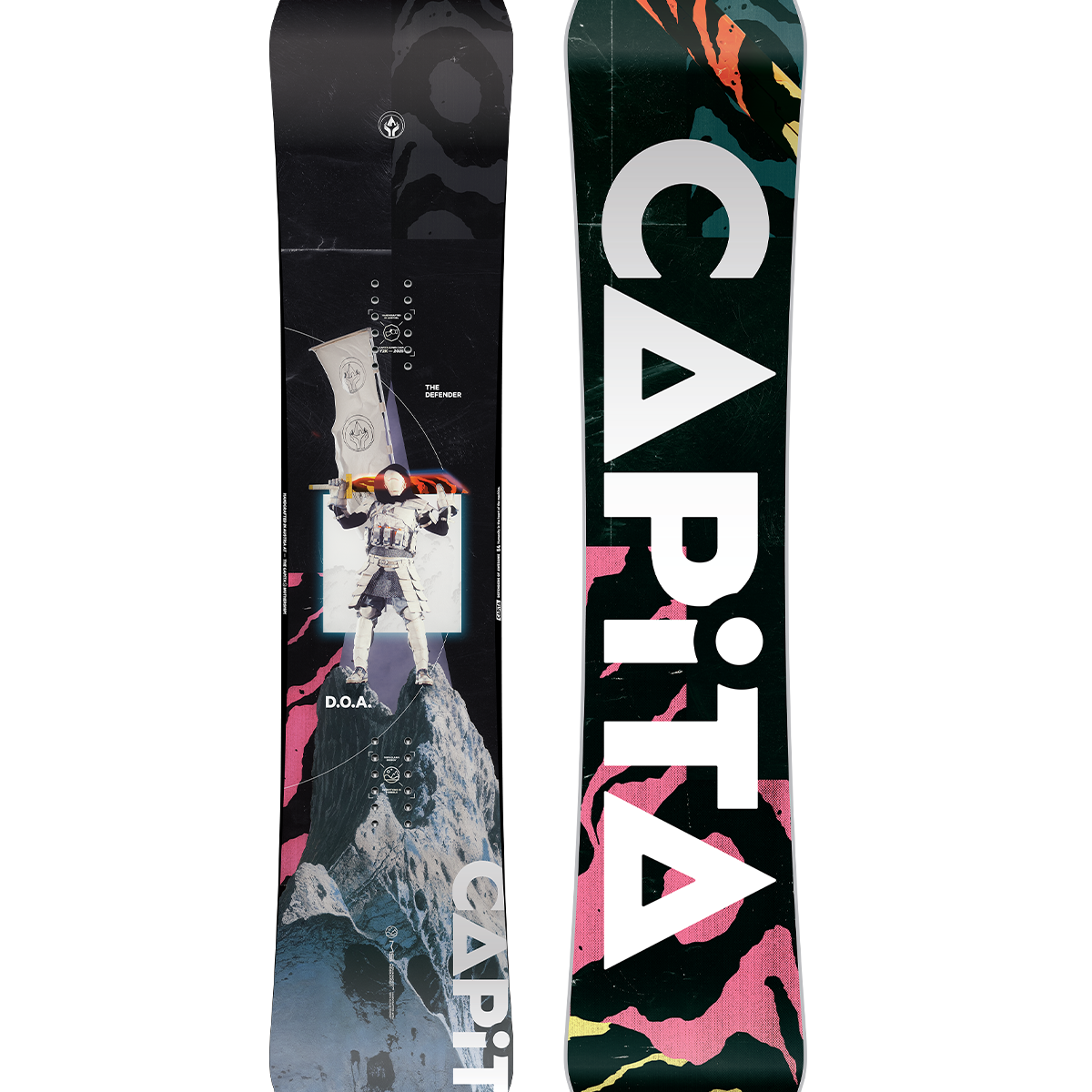 CAPiTA DOA Snowboard 2026 - A black snowboard with a white and gray abstract design featuring a man in a spacesuit standing on top of a mountain.
