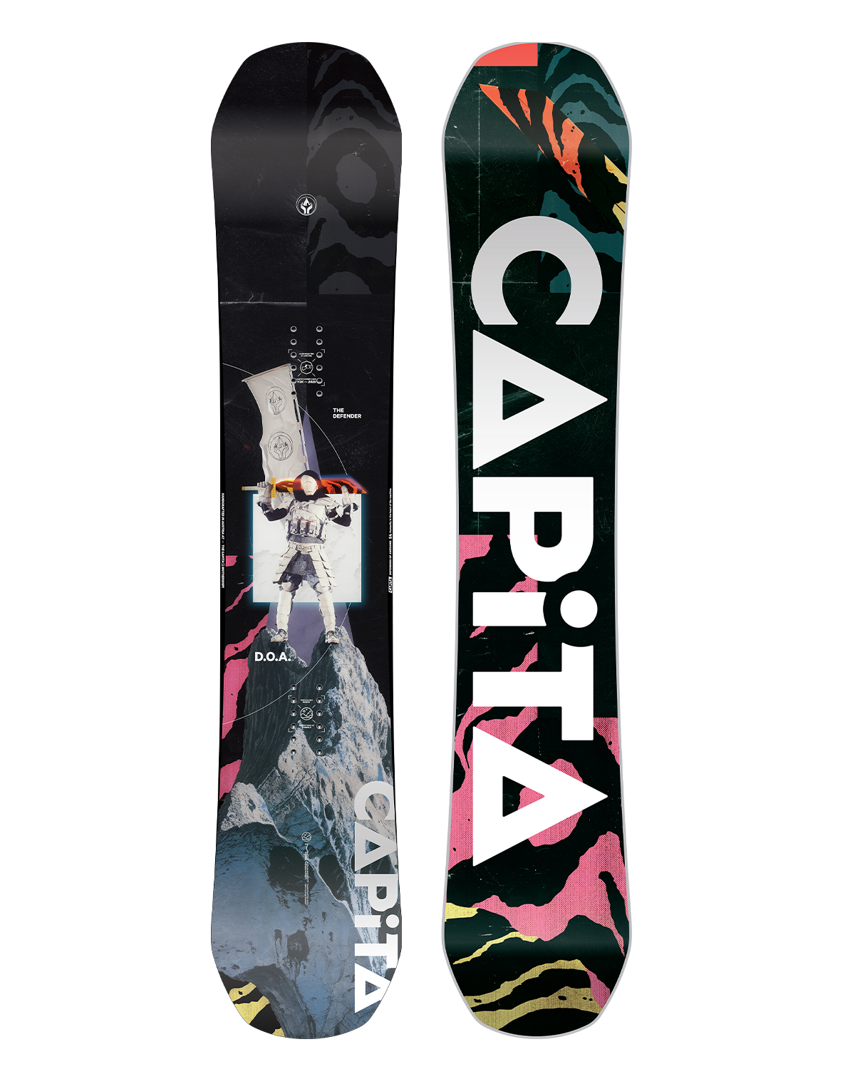 CAPiTA DOA Snowboard 2026 - A black snowboard with a white and gray abstract design featuring a man in a spacesuit standing on top of a mountain.