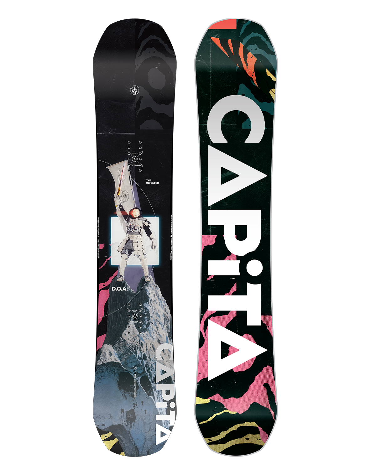 CAPiTA DOA Snowboard 2026 - A black snowboard with a white and gray abstract design featuring a person in a helmet and goggles.