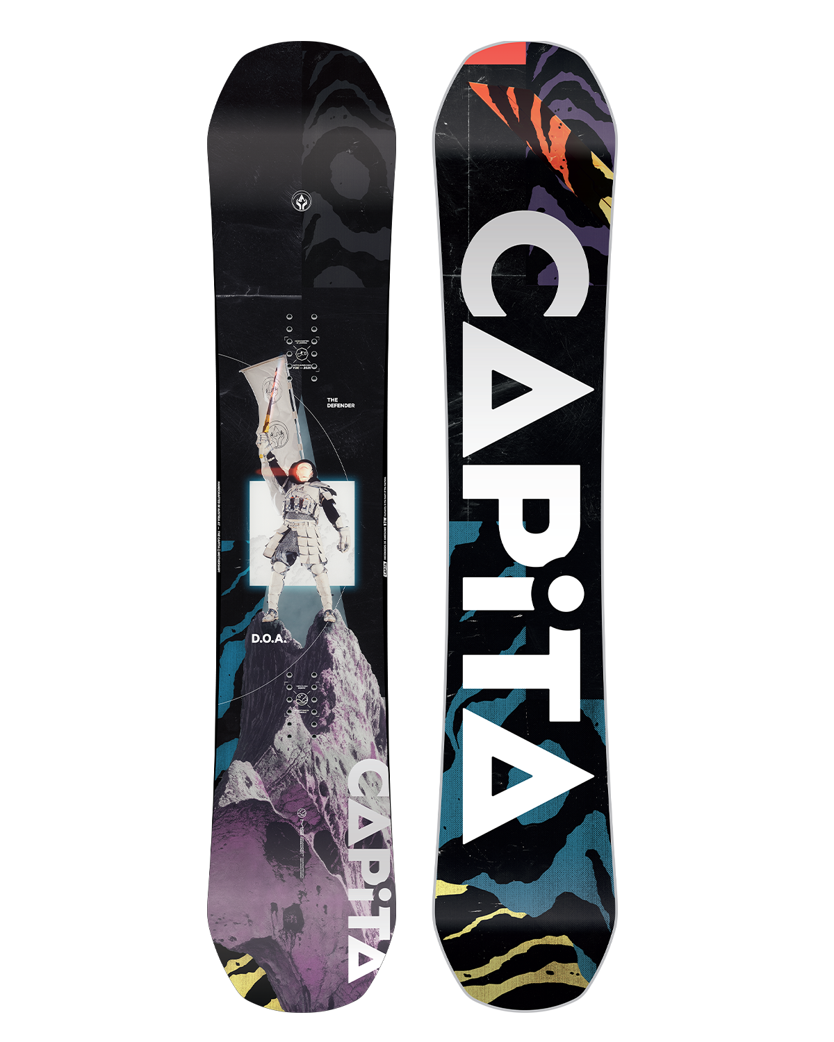 CAPiTA DOA Snowboard 2026 - A black snowboard with a white and red logo on top, featuring a man in a white suit holding a flag.