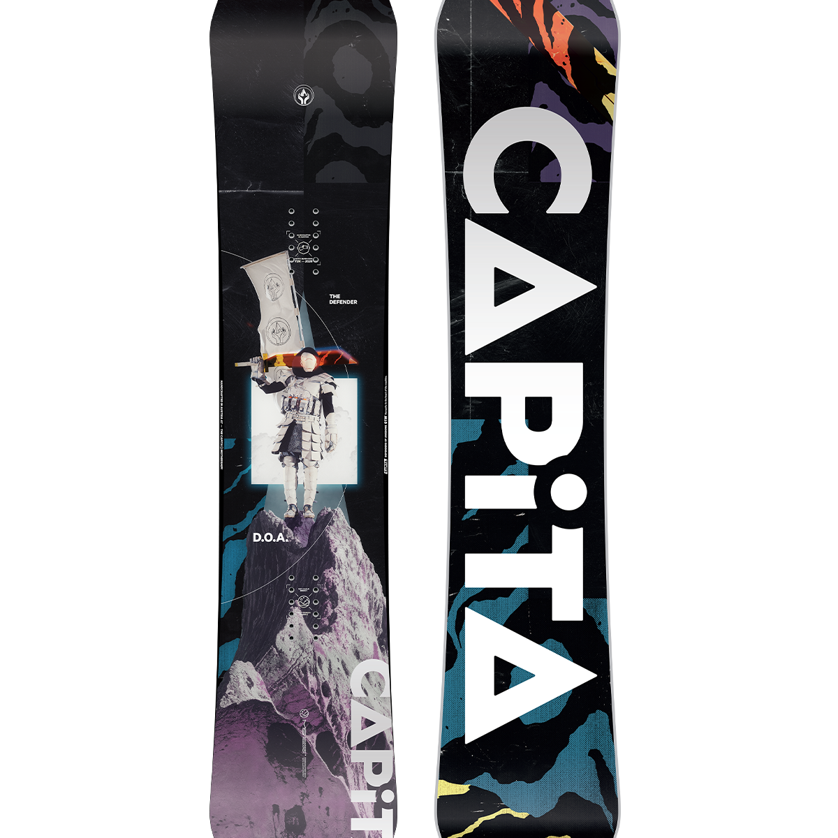 CAPiTA DOA Snowboard 2026 - A black snowboard with a white logo and text on top of a rocky mountain peak.