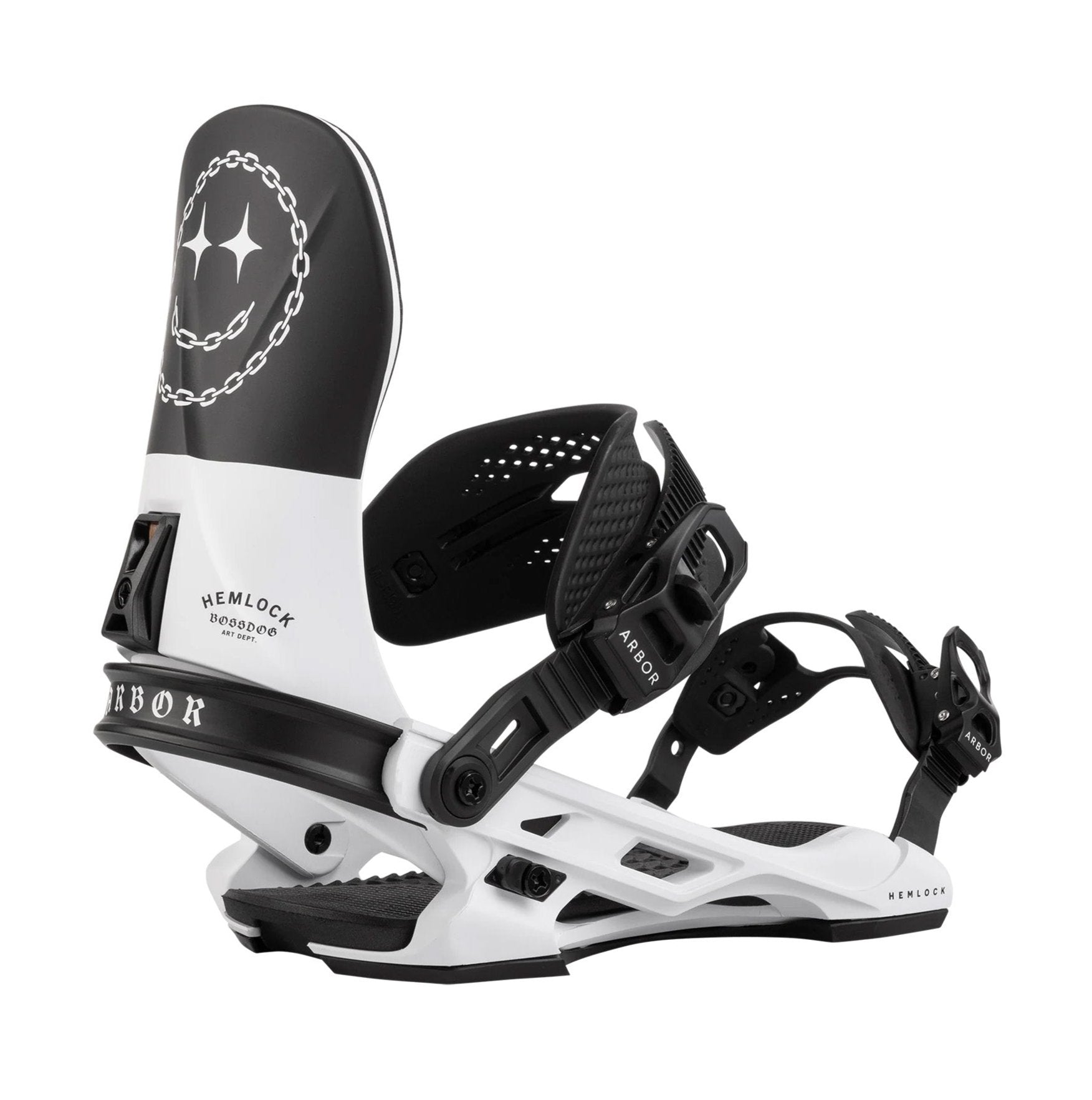 Arbor Hemlock Boss Dog Snowboard Binding 2025 - A black and white snowboard binding with a chain-link design on top of the footbed, featuring a star in the center.