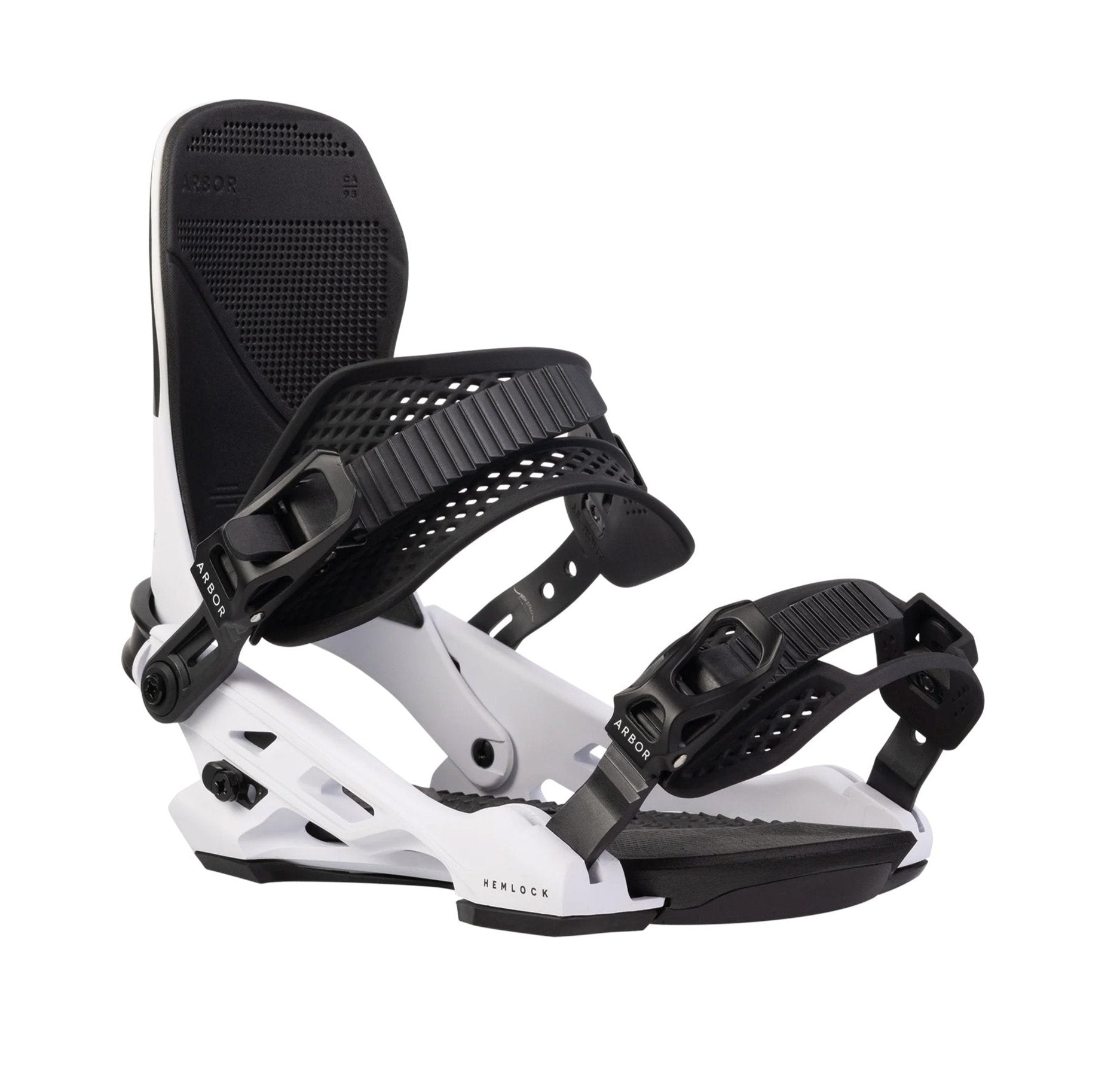 Arbor Hemlock Boss Dog Snowboard Binding - A black snowboard binding with a textured strap and a white baseplate.