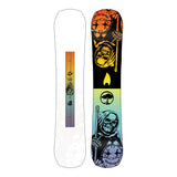 Arbor Draft Rocker Snowboard 2025 - A snowboard with a white base and black graphics featuring a skull wearing a hat, set against a light gray background.