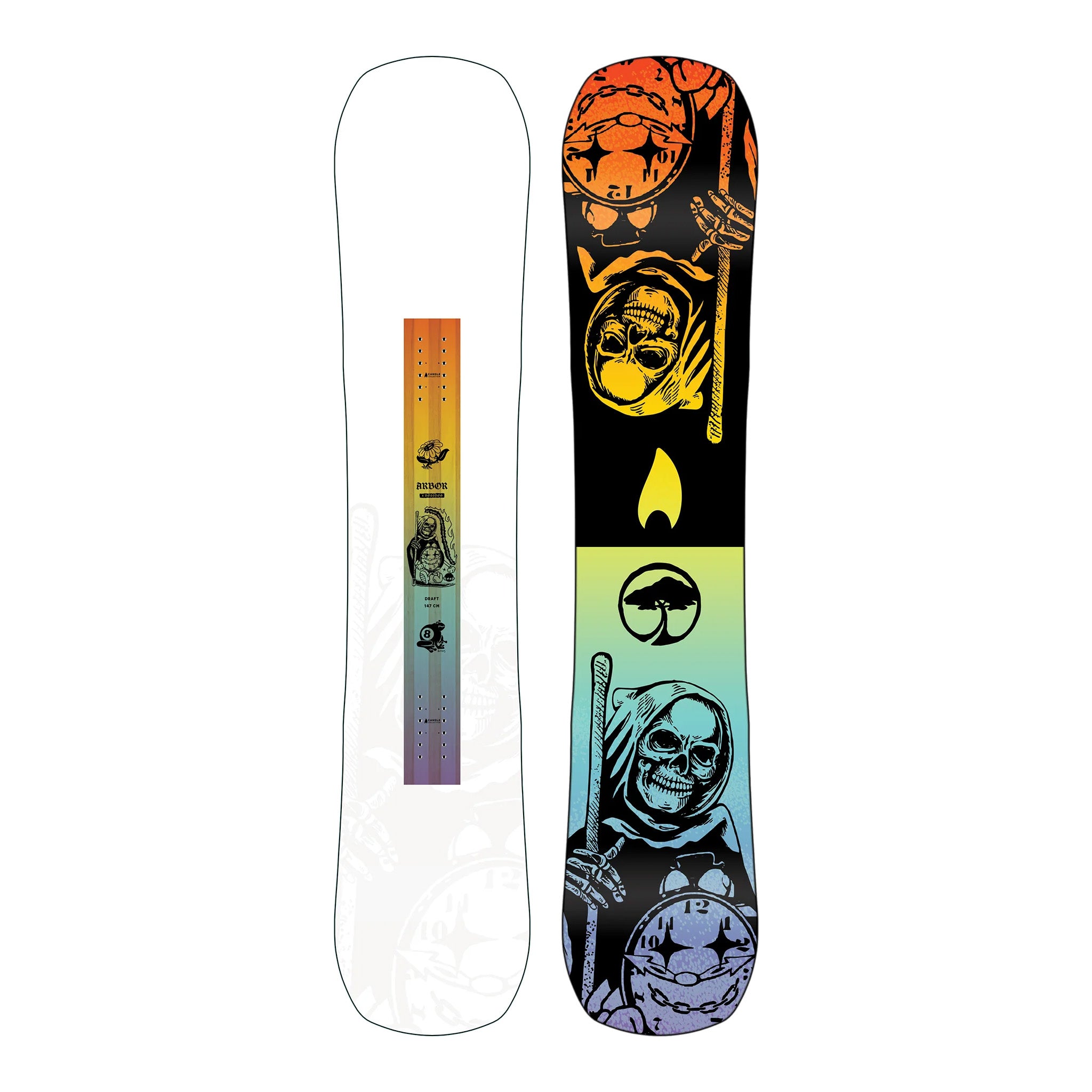 Arbor Draft Rocker Snowboard 2025 - A snowboard with a white base and black graphics featuring a skull wearing a hat, set against a light gray background.