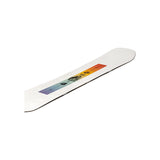 Arbor Draft Rocker Snowboard 2025 - A white snowboard with a rainbow gradient stripe down the middle, featuring black graphics and logos.