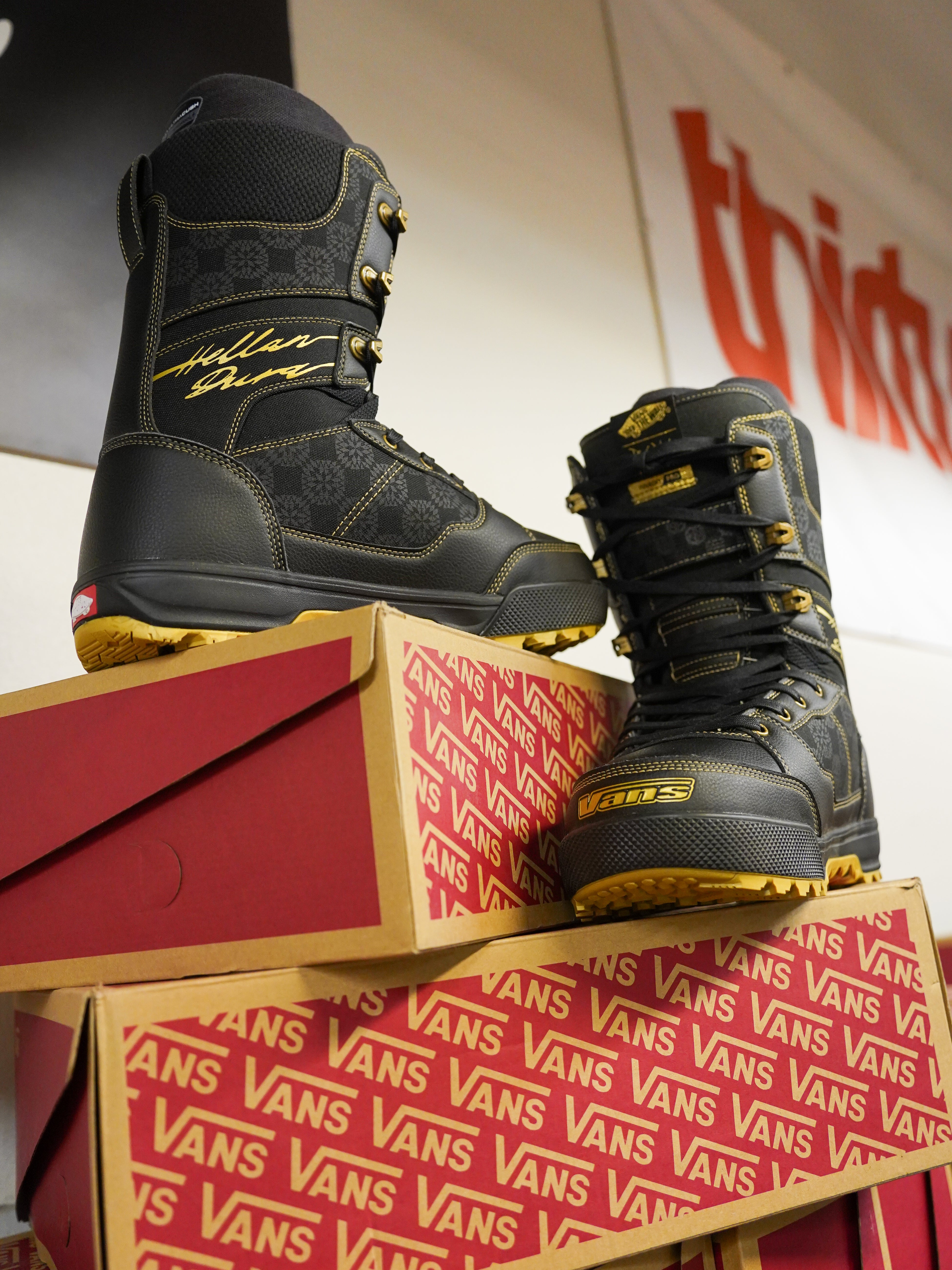 Vans Invado Pro Limited Edition Snowboard Boots 2026 - Black snowboard boots with yellow accents and a textured rubber sole.