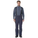 Descente Swiss Insulated Pant 2025 - A pair of dark gray snow pants with a zippered pocket on the thigh and black suspenders attached to the shoulders.