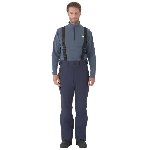 Descente Swiss Insulated Pant 2025 - A pair of dark gray snow pants with a zippered pocket on the thigh and black suspenders attached to the shoulders.