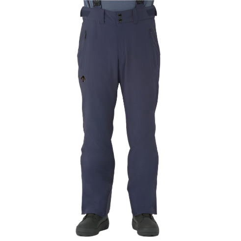 Descente Swiss Insulated Pant 2025 - A pair of dark gray insulated ski pants with a zippered pocket on the left thigh and two black buttons at the waistband.