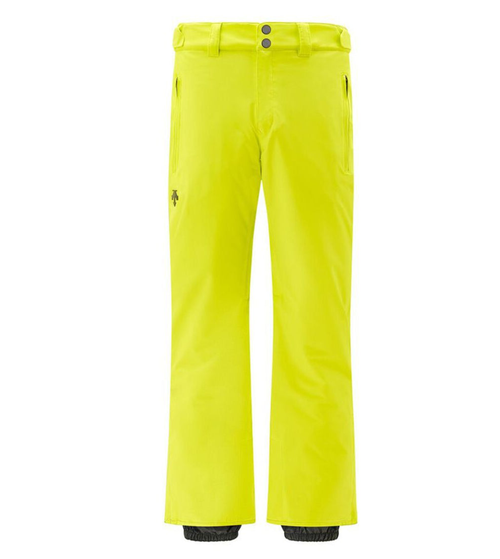 Descente Crown Insulated Pant 2025 - A pair of bright yellow ski pants with a black logo on the left thigh and two black buttons at the waistband.