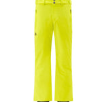 Descente Crown Insulated Pant 2025 - A pair of bright yellow ski pants with a black logo on the left thigh and two black buttons at the waistband.