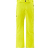 Descente Crown Insulated Pant 2025 - A pair of bright yellow ski pants with a black logo on the left thigh and two black buttons at the waistband.