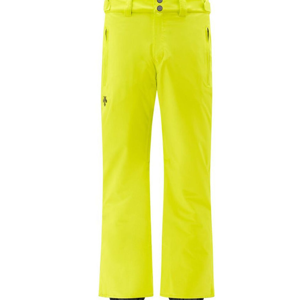 Descente Crown Insulated Pant 2025 - A pair of bright yellow ski pants with a black logo on the left thigh and two black buttons at the waistband.