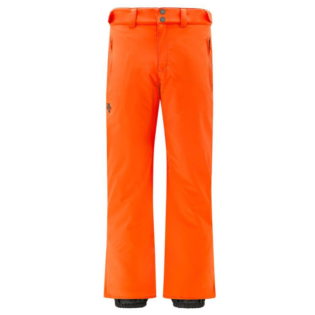 Descente Crown Insulated Pant 2025 - A pair of orange snow pants with a black logo on the left thigh and two belt loops at the waist.