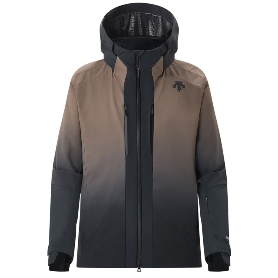 Descente Swiss Insulated Jacket 2025 - A tan and black ombre jacket with a hood, featuring a zipper down the front.