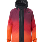 Descente Swiss Insulated Jacket 2025 - A red, black, and white ombre jacket with a hood, featuring a zipper down the front.