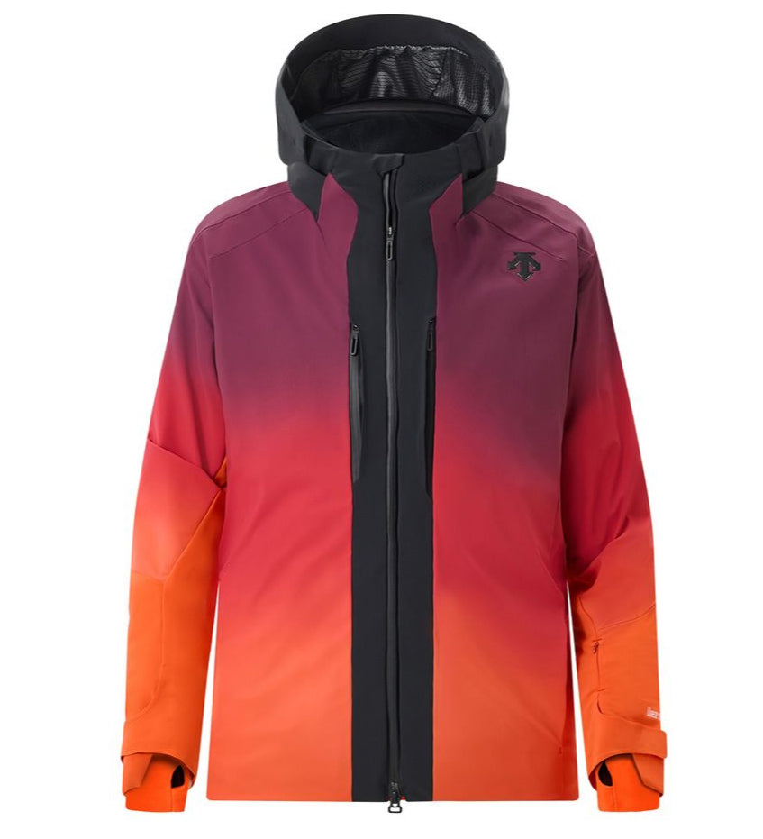 Descente Swiss Insulated Jacket 2025 - A red, black, and white ombre jacket with a hood, featuring a zipper down the front.