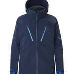 Descente Challenger Insulated Jacket 2025 - A navy blue jacket with a hood, featuring two zippered pockets on either side and a central zipper down the front.