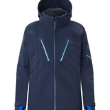 Descente Challenger Insulated Jacket 2025 - A navy blue jacket with a hood, featuring two zippered pockets on either side and a central zipper down the front.
