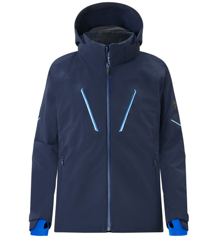 Descente Challenger Insulated Jacket 2025 - A navy blue jacket with a hood, featuring two zippered pockets on either side and a central zipper down the front.