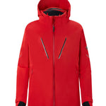 Descente Challenger Insulated Jacket - A red insulated jacket with a hood, featuring two zippered pockets on either side and a central zipper down the front.