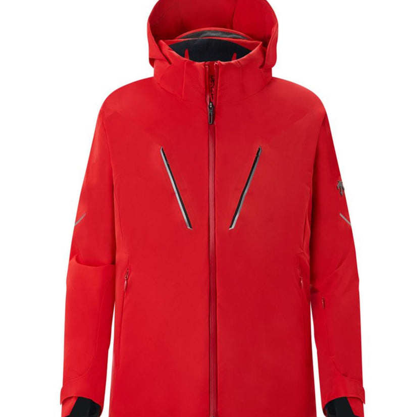 Descente Challenger Insulated Jacket - A red insulated jacket with a hood, featuring two zippered pockets on either side and a central zipper down the front.