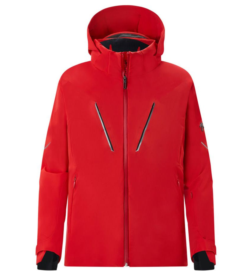 Descente Challenger Insulated Jacket - A red insulated jacket with a hood, featuring two zippered pockets on either side and a central zipper down the front.