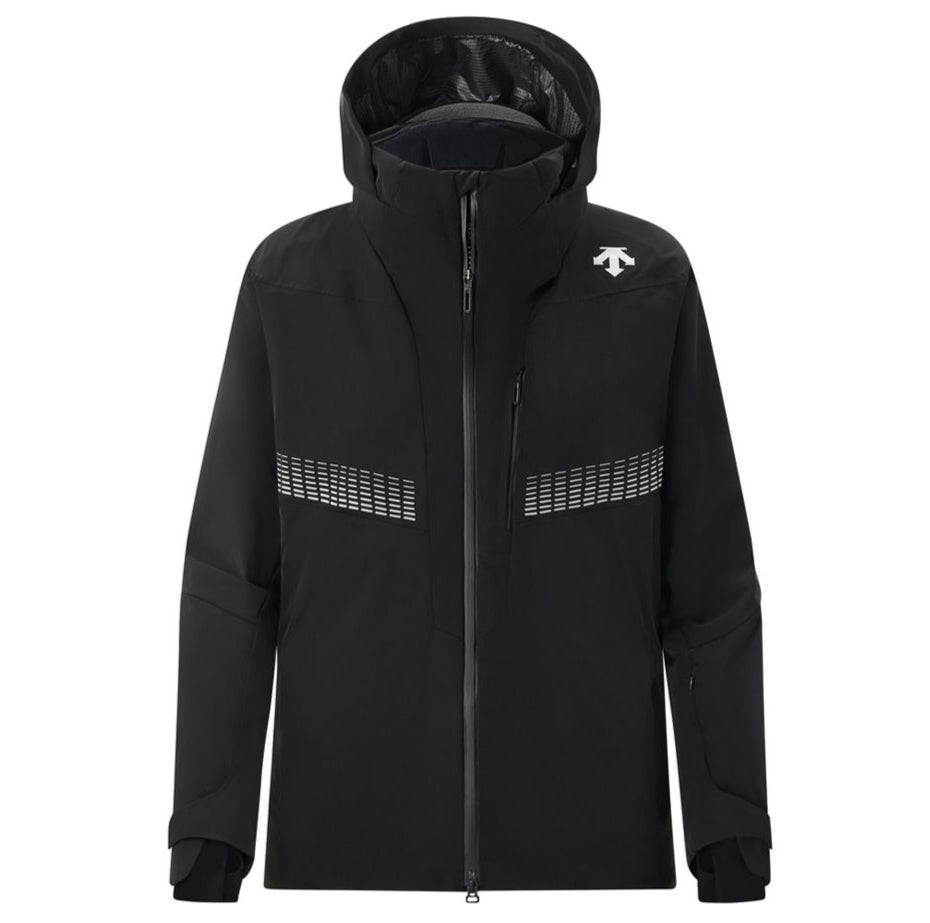 Descente Steep Insulated Jacket 2025 - A black insulated jacket with a white logo on the right shoulder and two zippered pockets on the front.
