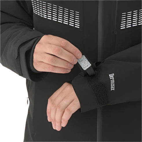 Descente Steep Insulated Jacket 2025 - A black insulated jacket with a zippered front and white stripes on the chest.