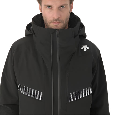 Descente Steep Insulated Jacket 2025 - A black jacket with a white logo on the left shoulder and a zipper down the front.
